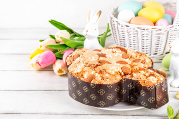 Italian Easter Colomba Cake, Colomba di Pasqua, sweet sugared dove-shaped sponge cake with glazed...