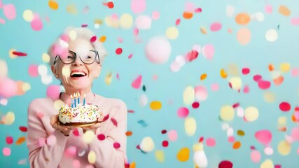 Elderly woman smiling and holding a birthday cake while colorful confetti falls around her, representing celebration, aging with joy, and milestone events