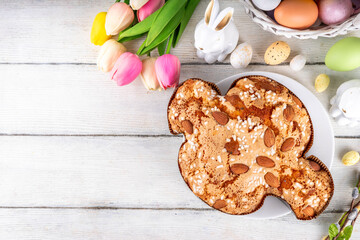 Italian Easter Colomba Cake, Colomba di Pasqua, sweet sugared dove-shaped sponge cake with glazed...