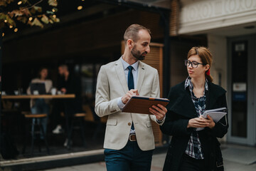 Two business professionals walk together outdoors, discussing plans and ideas, showing collaboration and productivity in an urban environment.