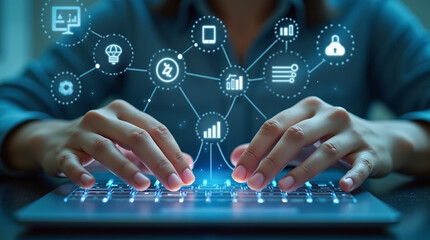 Hands Typing on Laptop with Network Graphic Overlay