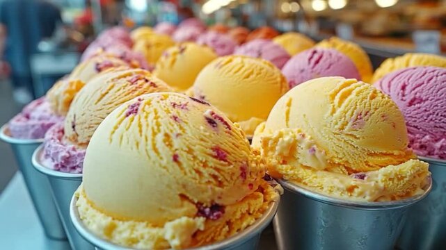 Colorful ice cream scoops in cups, market display, blurred background, food retail