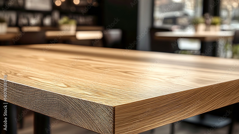 Poster artistic close up of a light wooden table with soft lighting in a dining area : generative ai