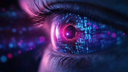 Close-up of an eye with digital code and purple light reflections.