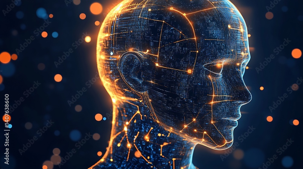 Aufkleber Side view of a glowing robotic head showcasing intricate circuit design and vivid colors : Generative AI