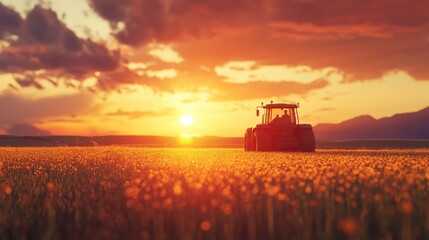 Fototapeta premium A tractor is silhouetted against a vibrant orange and yellow sunset sky. Ideal for illustrating agriculture, farming, or rural landscapes.