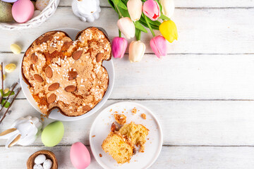 Italian Easter Colomba Cake, Colomba di Pasqua, sweet sugared dove-shaped sponge cake with glazed...