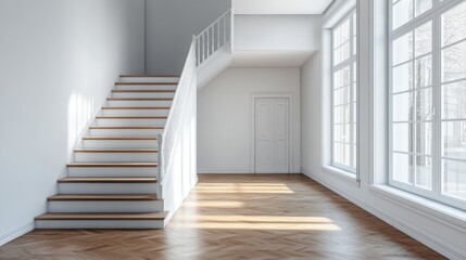 Obraz premium Bright and Spacious Interior with Wooden Staircase and Large Windows Allowing Natural Light to Fill Room