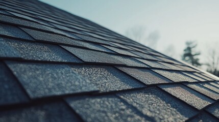 Roofer installing shingles on a sloped roof. Featuring expertise and safety