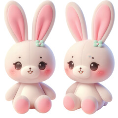 Fototapeta premium Adorable 3D plush pink bunny toy with soft fabric, long ears, and a sweet smile, isolated on white background.
