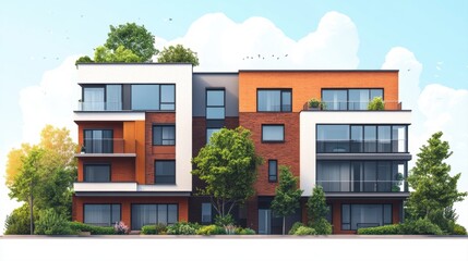 Modern architectural design of a stylish residential apartment building with greenery and clear sky backdrop