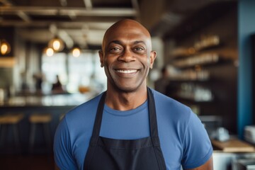 Obraz premium Smiling portrait of a middle aged African American small and local restaurant owner looking at camera