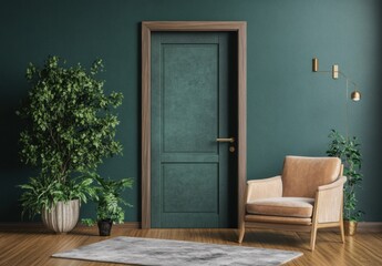 Serene Green Interior Design with Tan Armchair and Lush Plants