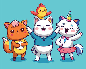 Naklejka premium Cute Cartoon Animals. Fox. Cats. and Bird Illustration