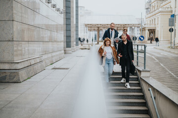 Group of business people descending stairs in an urban setting, exchanging ideas and discussing...