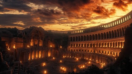 Ancient amphitheater sunset, illuminated torches, fiery sky.