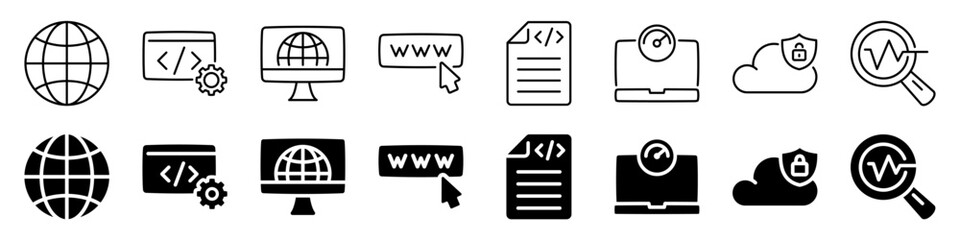 Web development and internet icon set. Linear and silhouette style.