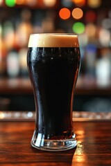 Dark Beer Glass on Wooden Bar with Soft Ambient Lighting