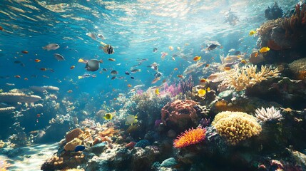 Naklejka premium Coral Reef Ecosystem – A bustling coral reef filled with schools of tropical fish, vibrant anemones, and intricate coral structures, all bathed in a kaleidoscope of colors under crystal-clear water – 