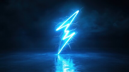 Neon lightning bolt in dark, reflective space