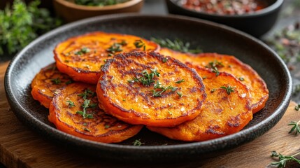 Delicious sweet potato pancakes served with fresh herbs in a rustic setting