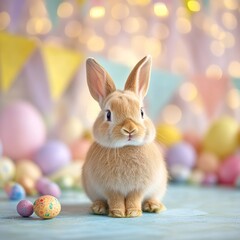 Obraz premium Easter decoration handmade crafts seasonal centerpieces. Charming Easter Bunny Portrait amidst Festively Decorated Eggs and Bunting against a Soft Bokeh Background.