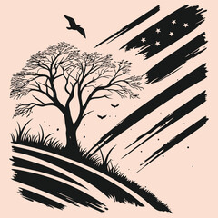 Serene Forest Silhouette with Flying Birds and Trees