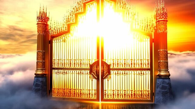 Glorious golden gates open above clouds as radiant light shines through at sunset