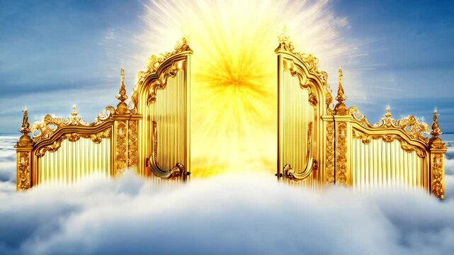 Golden heavenly gates opening above clouds with radiant light emanating
