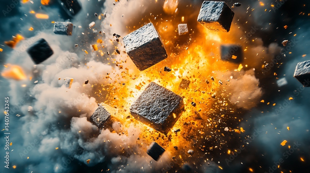 Fototapete Striking Visual of Explosive Energy with Rocks and Flames Creating a Stunning Abstract Composition : Generative AI