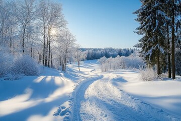 Obraz premium Winter Hiking Path Through Snowy Forest in Sauerland Germany