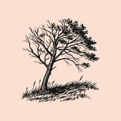 Vintage Landscape with Single Tree and Hill Silhouette