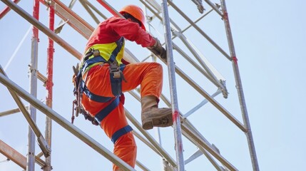 Construction worker setting up scaffolding. Featuring precision and safety