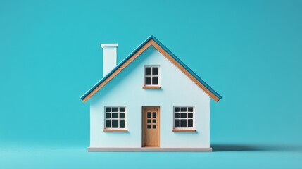 Obraz premium Miniature House Model on Vibrant Blue Background Showcasing Modern and Minimalist Architectural Design