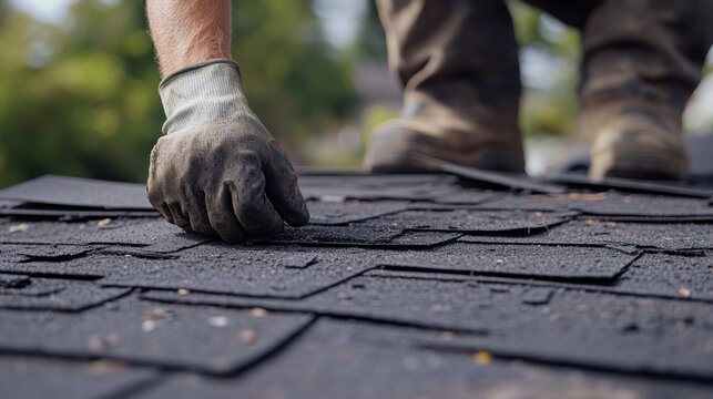 Roofer removing old shingles from a residential roof. Featuring care and skill