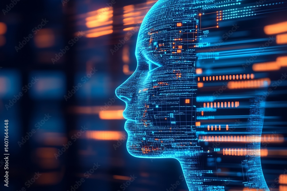 Poster Dynamic profile view of a glowing digital human head made of bright data lines symbolizing AI technology : Generative AI
