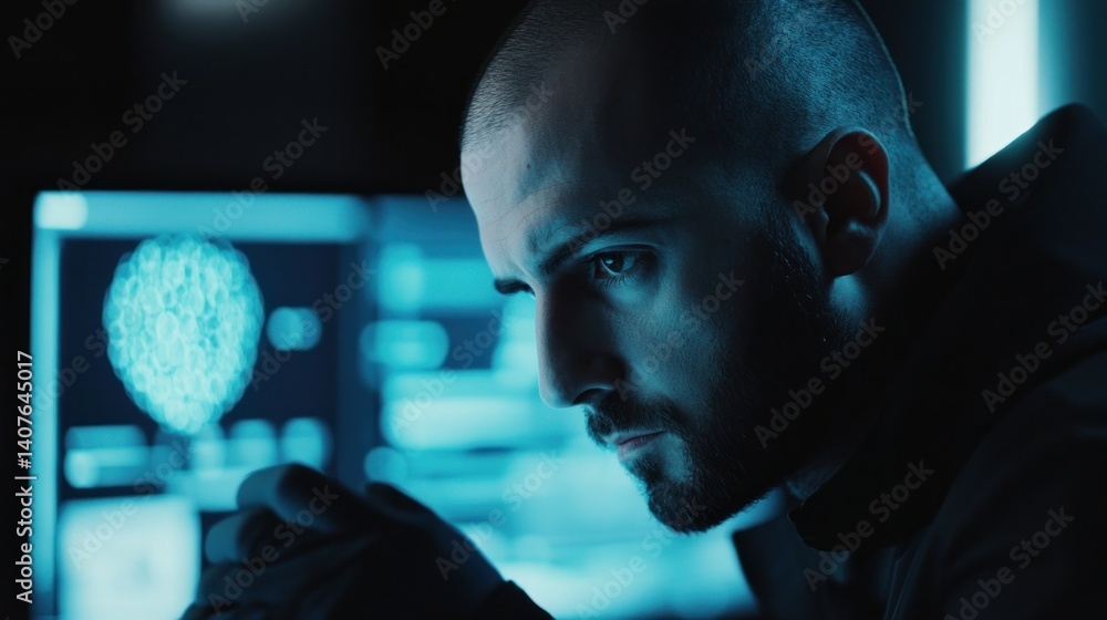 Poster focused scientist analyzing brain scan in dark lab