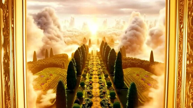 Majestic golden gates opening to a sunlit paradise garden with glorious pathway