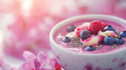 A beautifully arranged smoothie bowl featuring a creamy pink base topped with fresh blueberries, raspberries, chia seeds, and a mint leaf, presented in a rustic bowl.