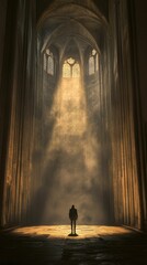 Sole figure bathed in sunlight within ancient hall