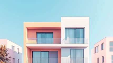 Modern Architectural Home Design with Colorful Facade and Minimalist Aesthetic in Bright Blue Sky