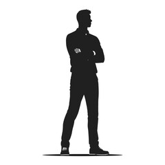 A simple, impactful silhouette of a man standing with his arms crossed, suggesting confidence or contemplation.