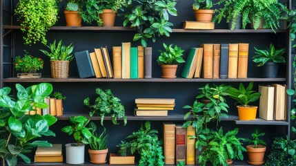 Botanical Bookstore: A lush display of potted plants flourishes around a selection of vintage books.