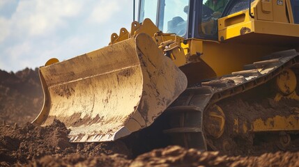 Heavy machinery operator driving a bulldozer on a construction site. Featuring control and precision
