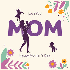 A Mother's Day greeting card design featuring the word MOM in large purple letters
