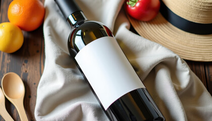 Wine bottle label mockup. Wine bottle mockup with blank label on soft fabric surrounded by autumn fruits and wooden utensils for seasonal product branding