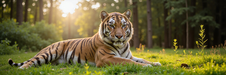 Fototapeta premium Tiger lying on grass in forest at sunset for International Tiger Day 