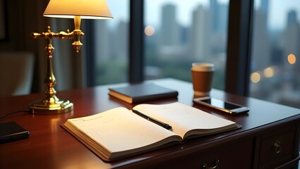 Wooden Desk with Open Notebook, Pen, and City View at Night
