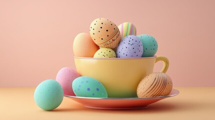 Fototapeta premium Easter decoration handmade crafts seasonal centerpieces. Delightful Easter Egg Display in Cup Charming Pastel Colors Holiday Celebration Still Life.