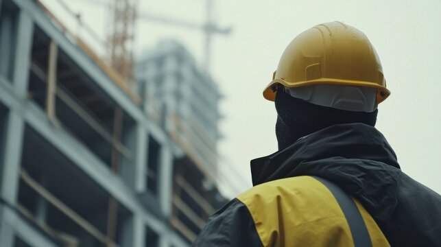 Construction worker surveying a construction site. Featuring analysis and focus